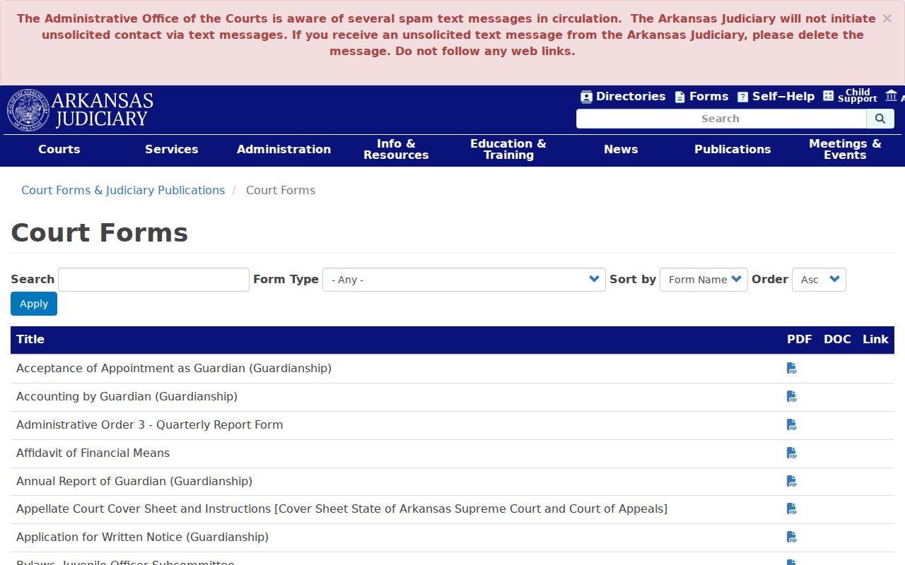 Searcy County court calendar official Arkansas forms page