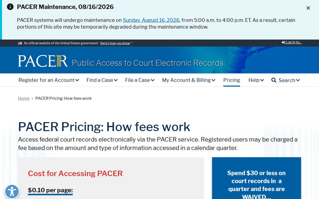 Pindall court docket federal PACER fee information