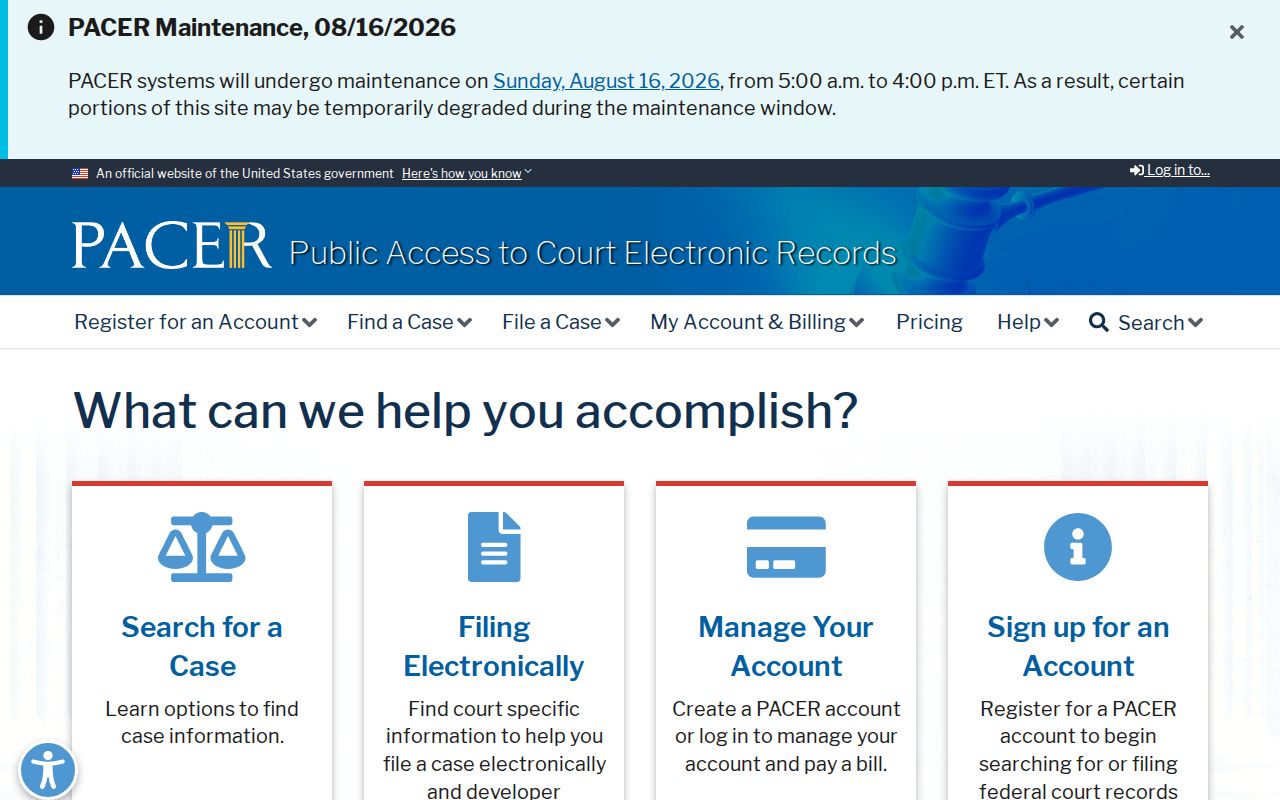 St. Joe court docket federal access through the official PACER service
