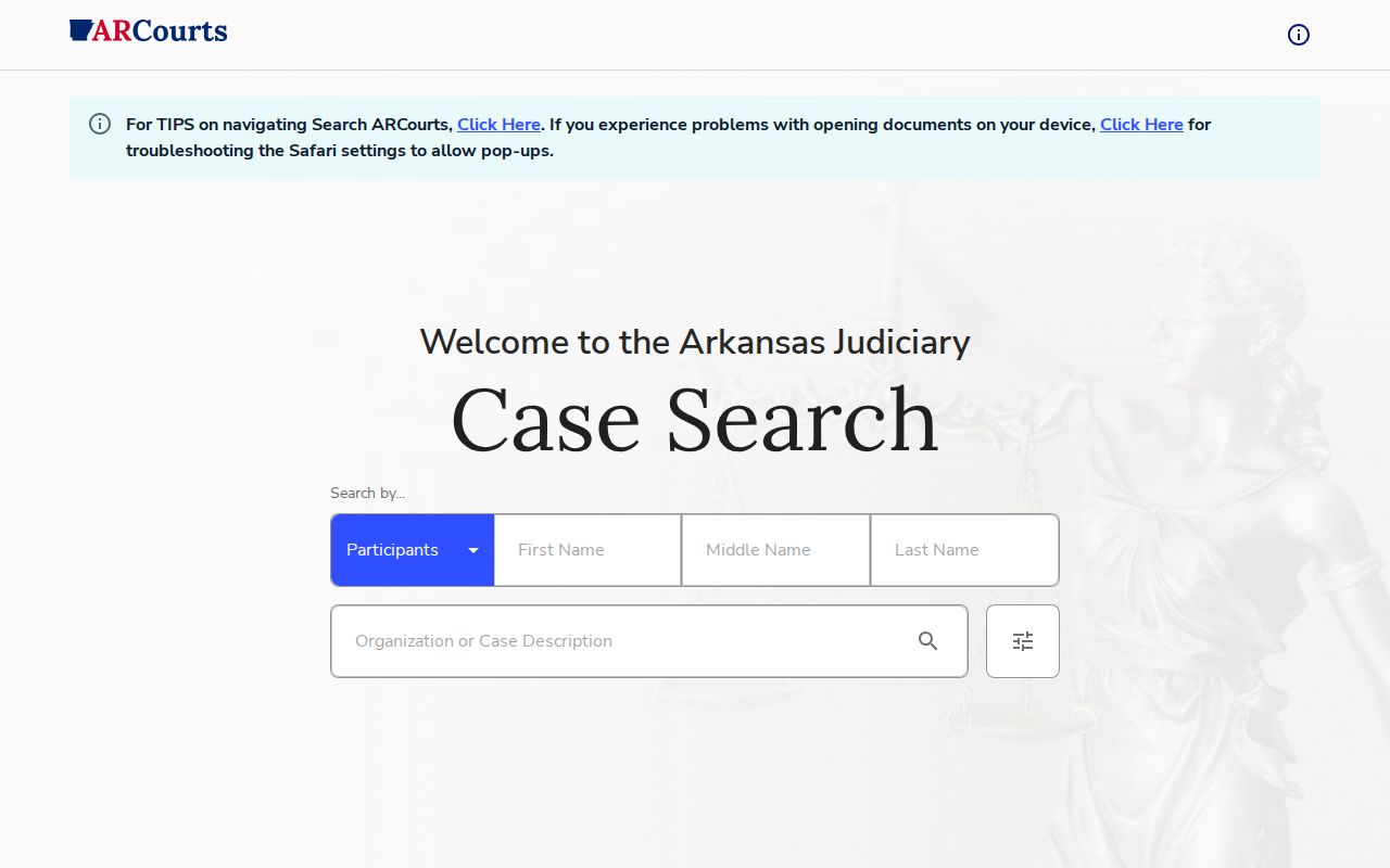 Searcy County court docket Search ARCourts interface
